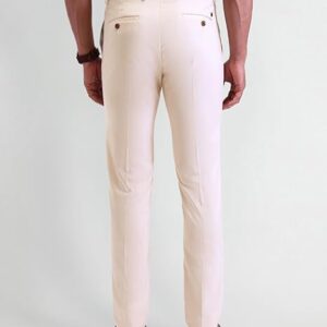 arrow new york men's beige self design mid rise polyester button slim fit flat front slant pocket trousers