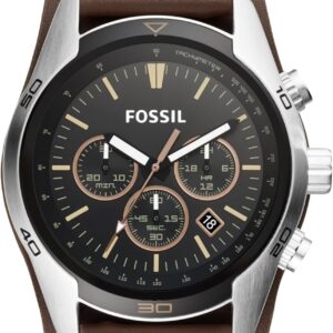 fossil leather chronograph black dial men's watch ch2891, band color:brown
