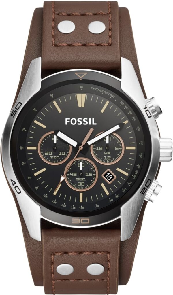 fossil leather chronograph black dial men's watch ch2891, band color:brown