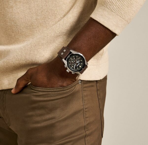 fossil leather chronograph black dial men's watch ch2891, band color:brown