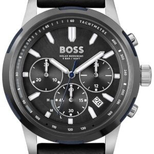 boss solgrade solar qtz chrono grey round dial men's watch|black leather material|black color band 1514031